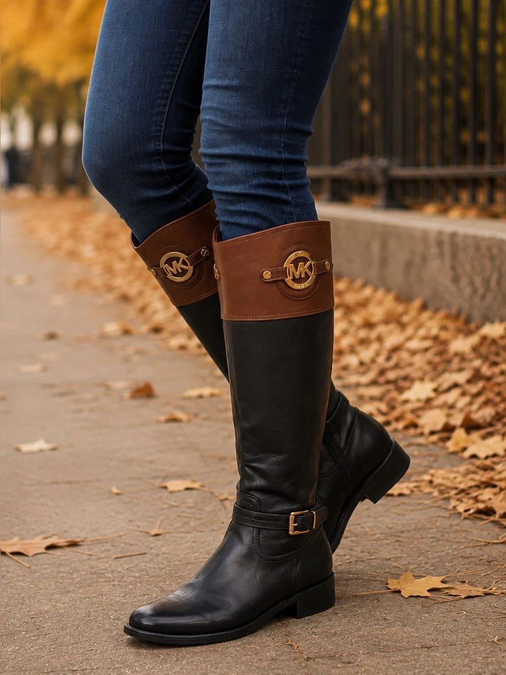 MICHAEL KORS 🌟 STOCKARD Knee-High Riding Boots (Women’s Size 7) Blk/Brown/Gold